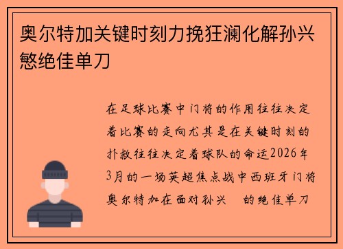 奥尔特加关键时刻力挽狂澜化解孙兴慜绝佳单刀 奥尔特加关键时刻力挽狂澜化解孙兴慜绝佳单刀